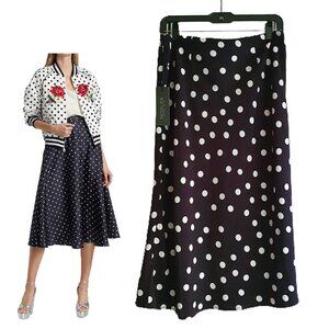 Rachel Zoe NWT Romantic Polka Dot A-Line Midi Skirt Black-White
